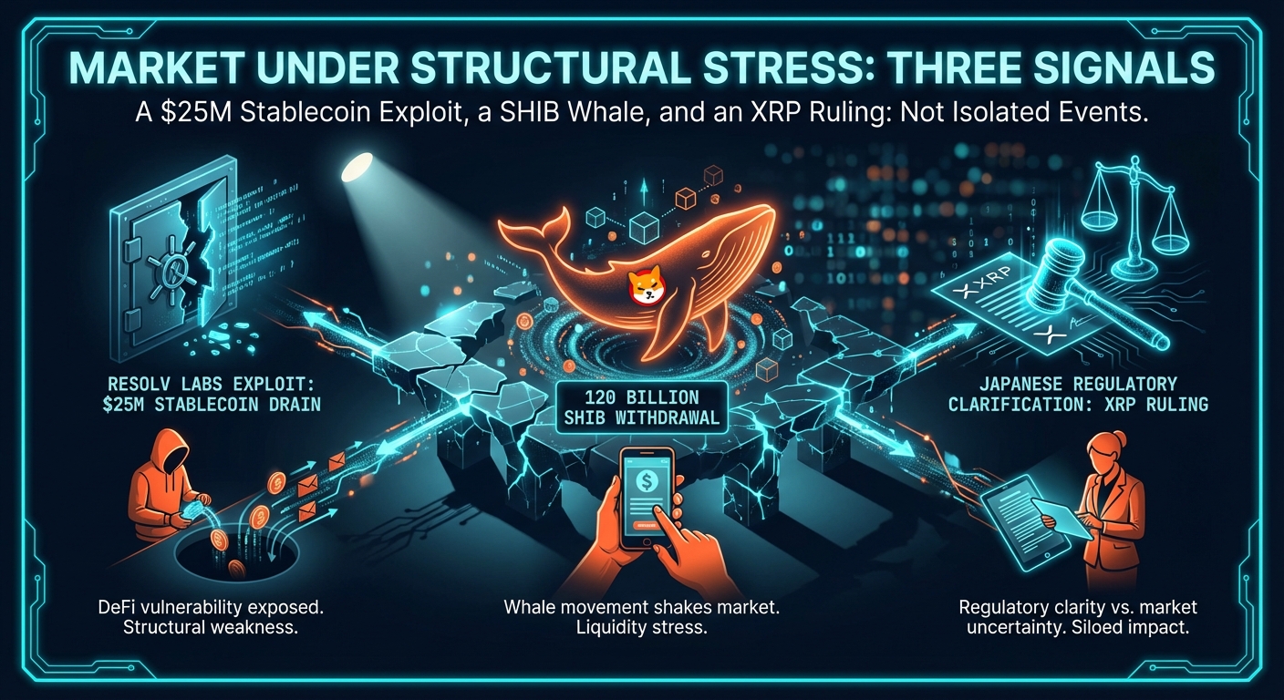 A $25M Stablecoin Exploit, a SHIB Whale, and an XRP Ruling: Three Signals of a Market Under Structural Stress