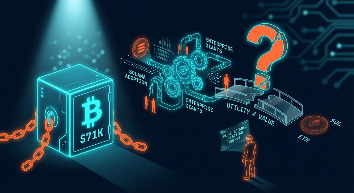 Bitcoin Holds $71K as Solana Adoption Surges, But Value Accrual Questions Emerge