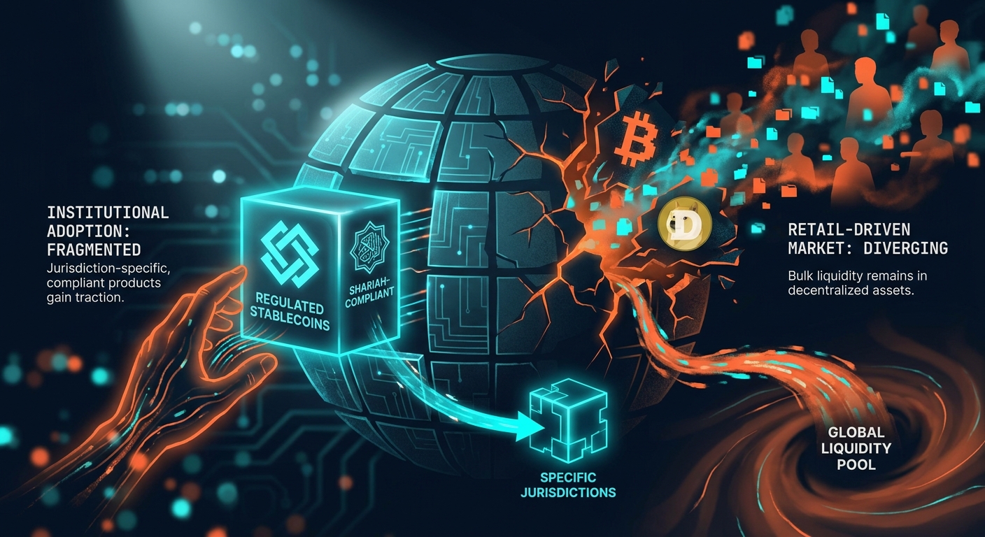 Institutional Crypto Adoption Fragments as Regulated Stablecoins Diverge from Bitcoin's Retail-Driven Market