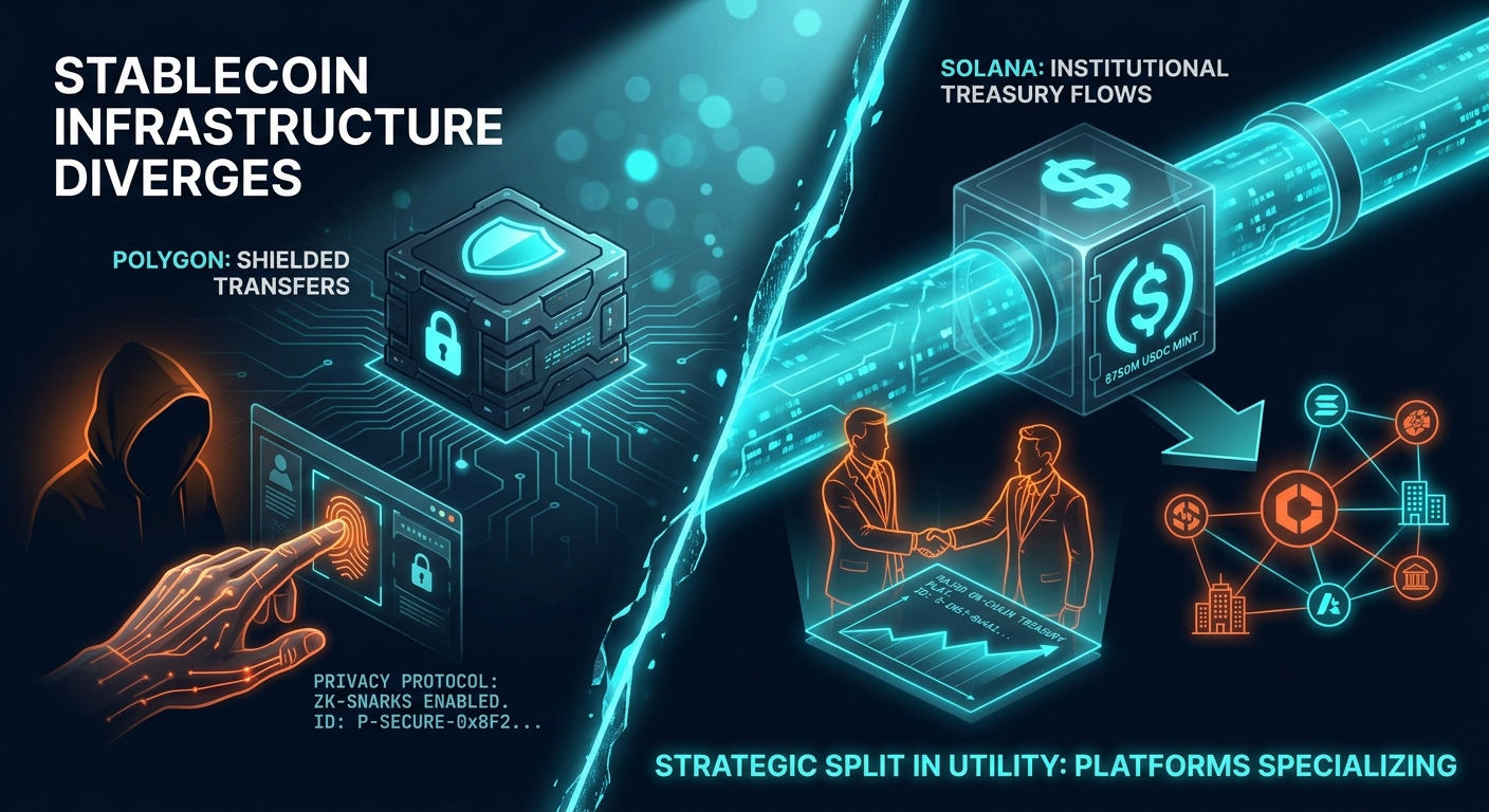 Stablecoin Infrastructure Diverges: Polygon Pursues Privacy as Solana Captures Institutional Treasury Flows