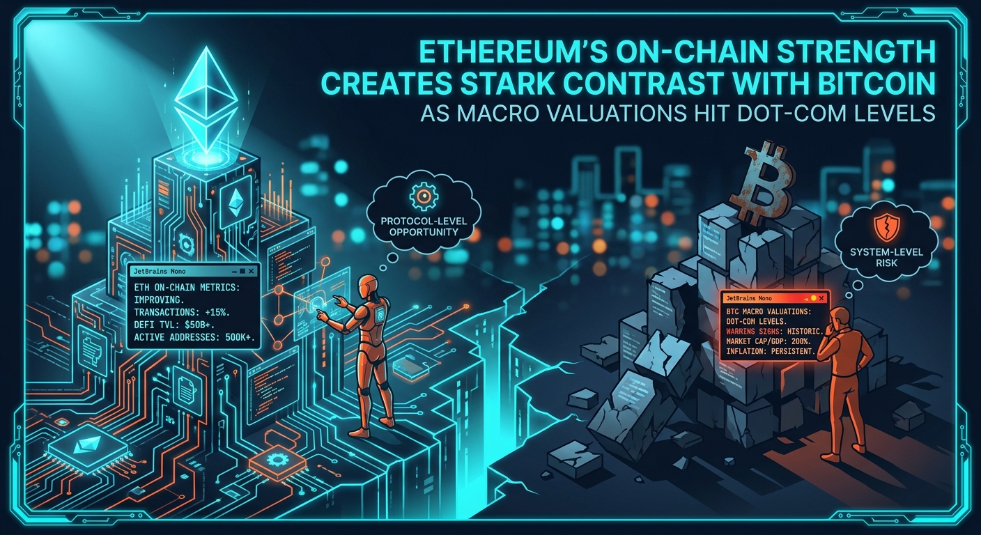Ethereum's On-Chain Strength Creates Stark Contrast with Bitcoin as Macro Valuations Hit Dot-Com Levels