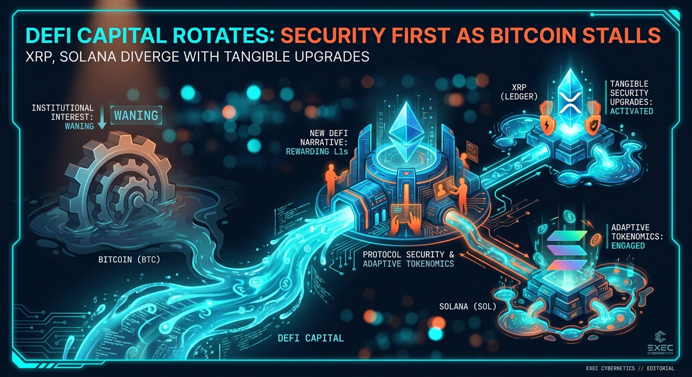DeFi Capital Rotates to Protocol Security as Bitcoin Stalls; XRP, Solana Diverge