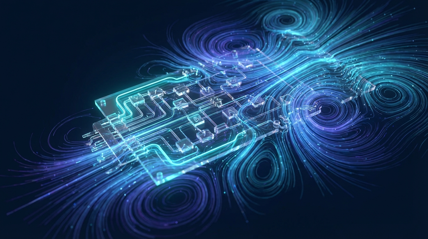 Abstract visualization of quantum gates processing a turbulent magnetic field simulation.