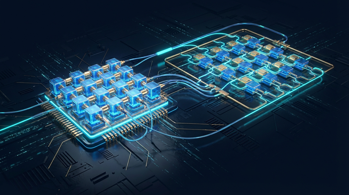 Technical illustration of a systolic array processor mapping a quantum algorithm for high-performance simulation.
