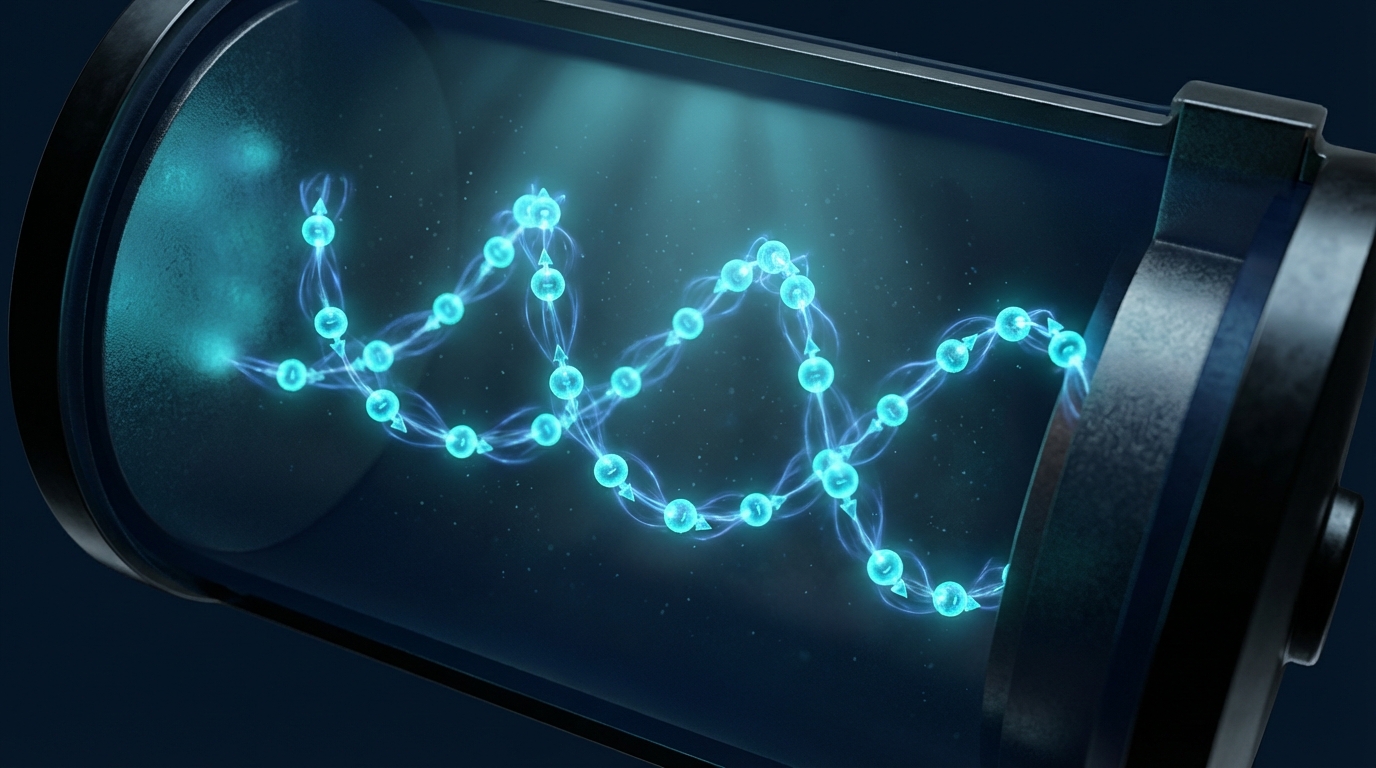 3D visualization of a Heisenberg spin chain with glowing blue and purple vectors representing quantum battery energy states.