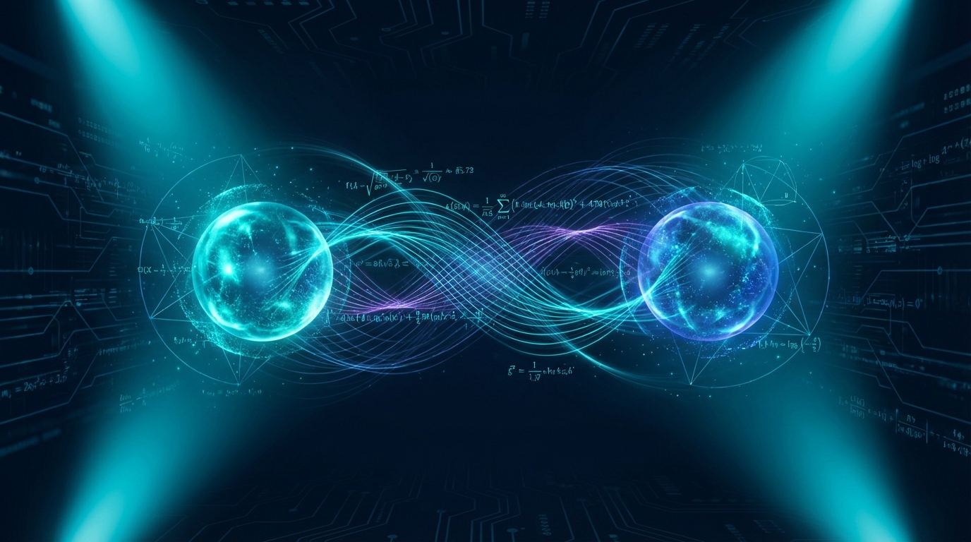 Abstract visualization of quantum entanglement and mathematical operators representing a quantum economic model.