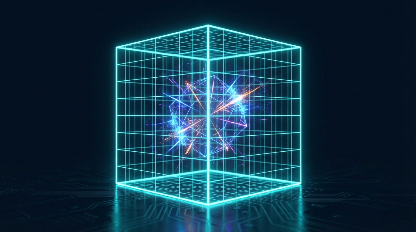 A digital representation of subatomic particles scattering inside a finite geometric volume, illustrating quantum simulation.