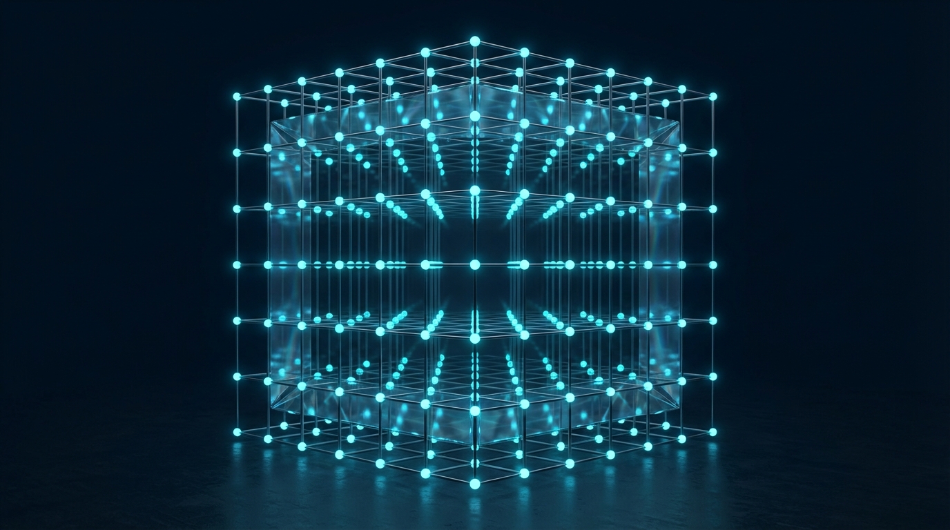 Technical visualization of a 1,000-qubit quantum processor lattice showing error correction syndrome measurements.