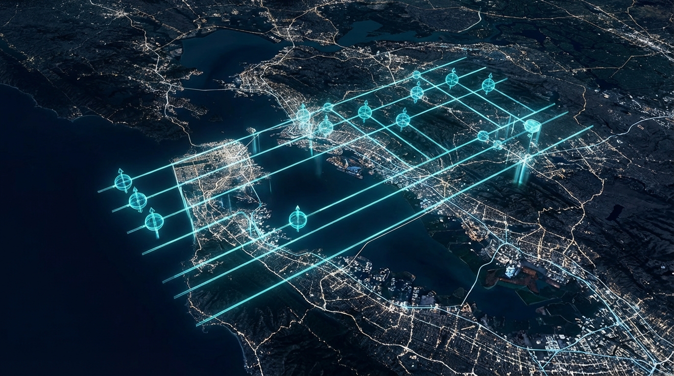 Diagram showing QMC-Net quantum circuit architecture processing multi-band satellite imagery of a coastal city.