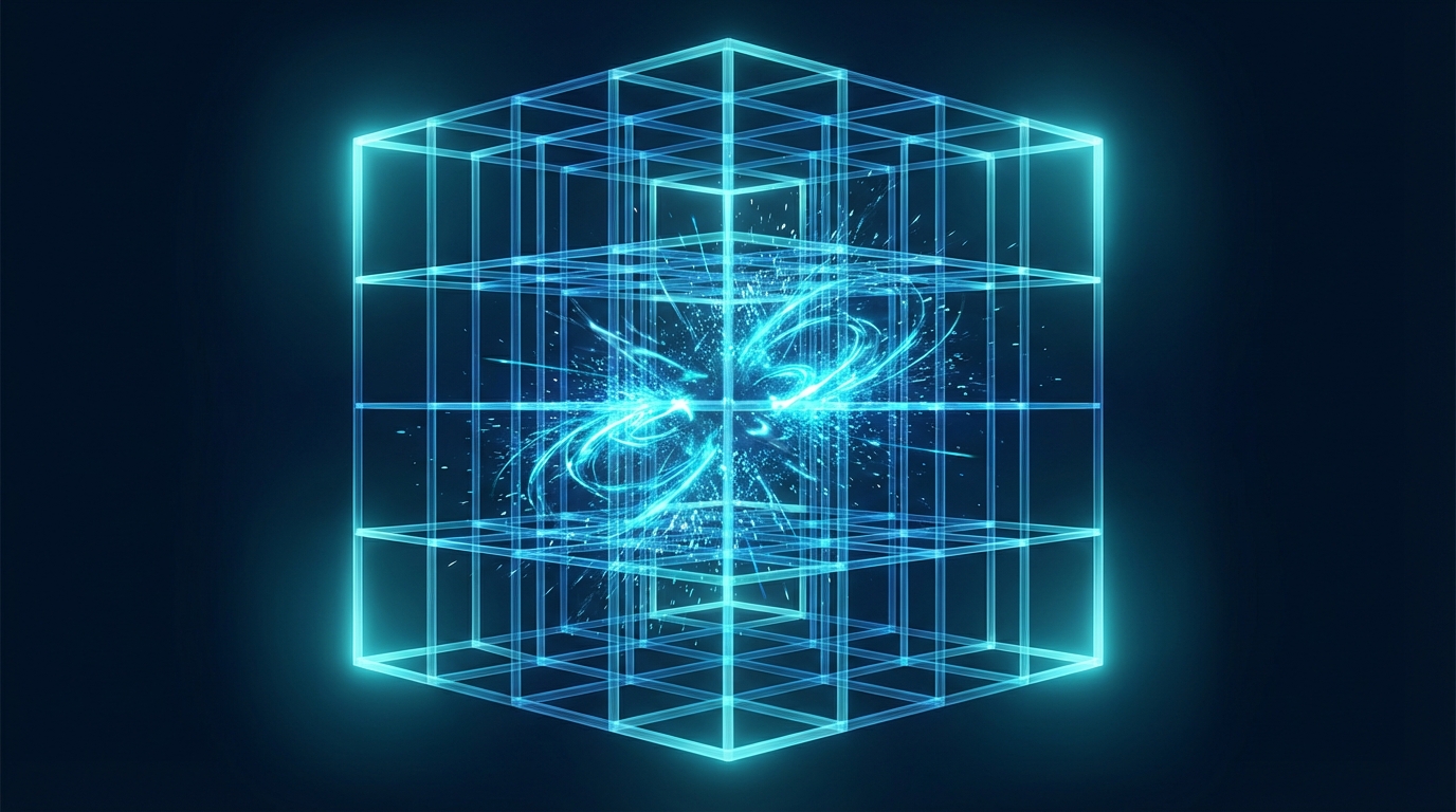 Visual representation of subatomic particles colliding within a constrained digital lattice of a quantum computer.