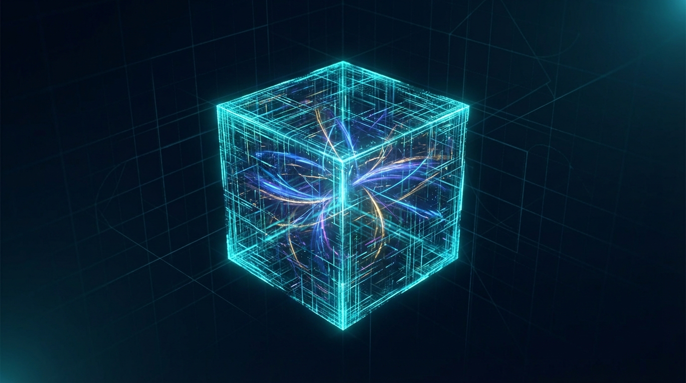 Visual representation of a finite quantum simulation box capturing infinite particle scattering amplitudes.