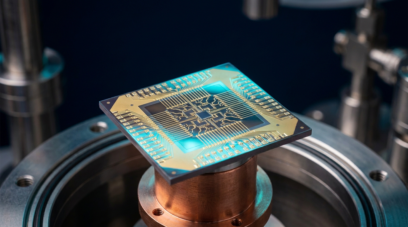 Close-up of a superconducting quantum processor chip showing intricate circuit patterns and gold-plated connectors.