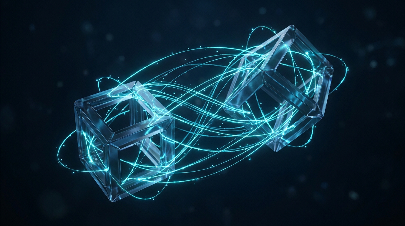 A technical illustration showing two spatial intervals connected by quantum entanglement threads in a 2D field.