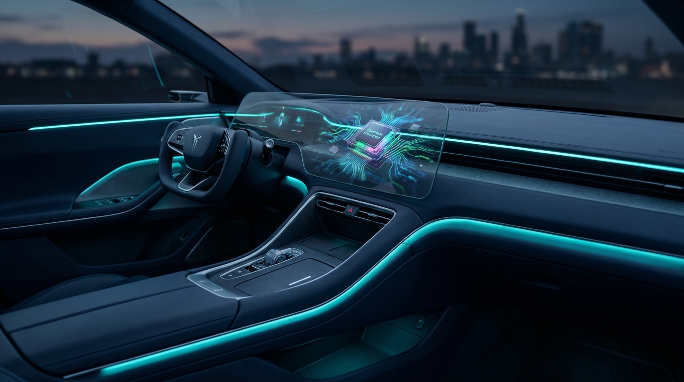 A quantum processor chip integrated into a vehicle's dashboard, visualizing the fusion of driver physiological data.