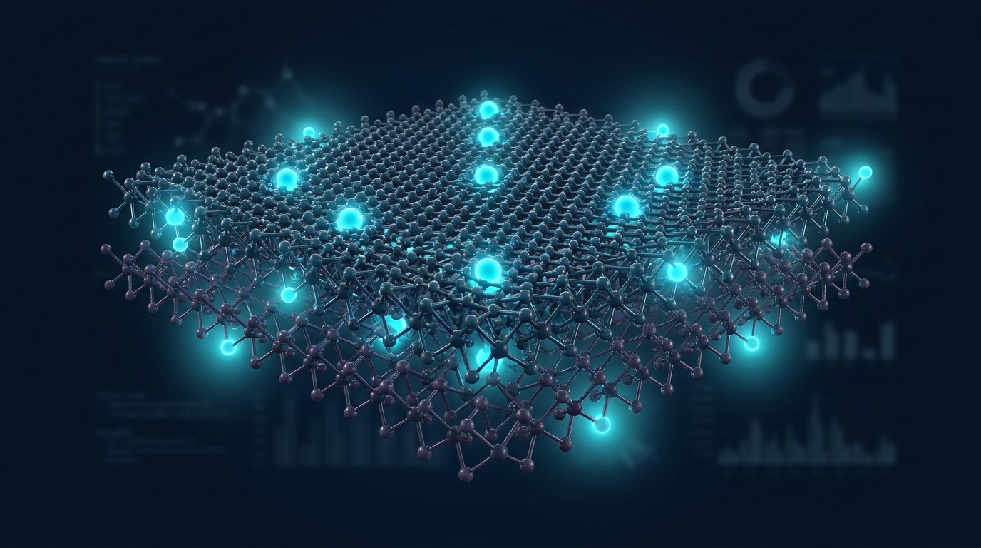 3D render of a moiré superlattice formed by two twisted semiconductor layers with localized light-emitting excitons.