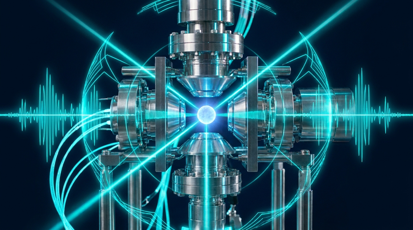 Technical illustration of a thorium nuclear clock being manipulated by quantum algorithm pulse sequences.