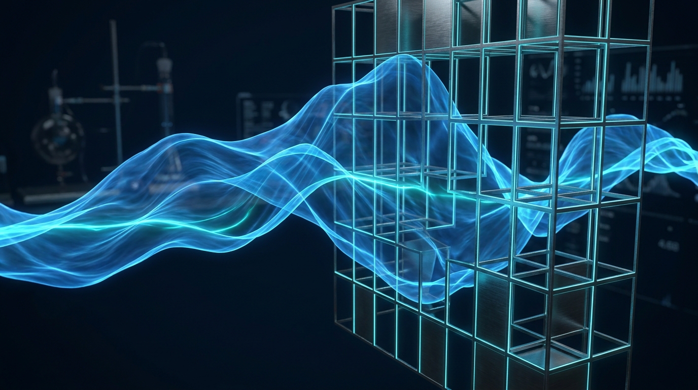 Conceptual illustration of a quantum wave interacting with a classical measurement grid for error correction.