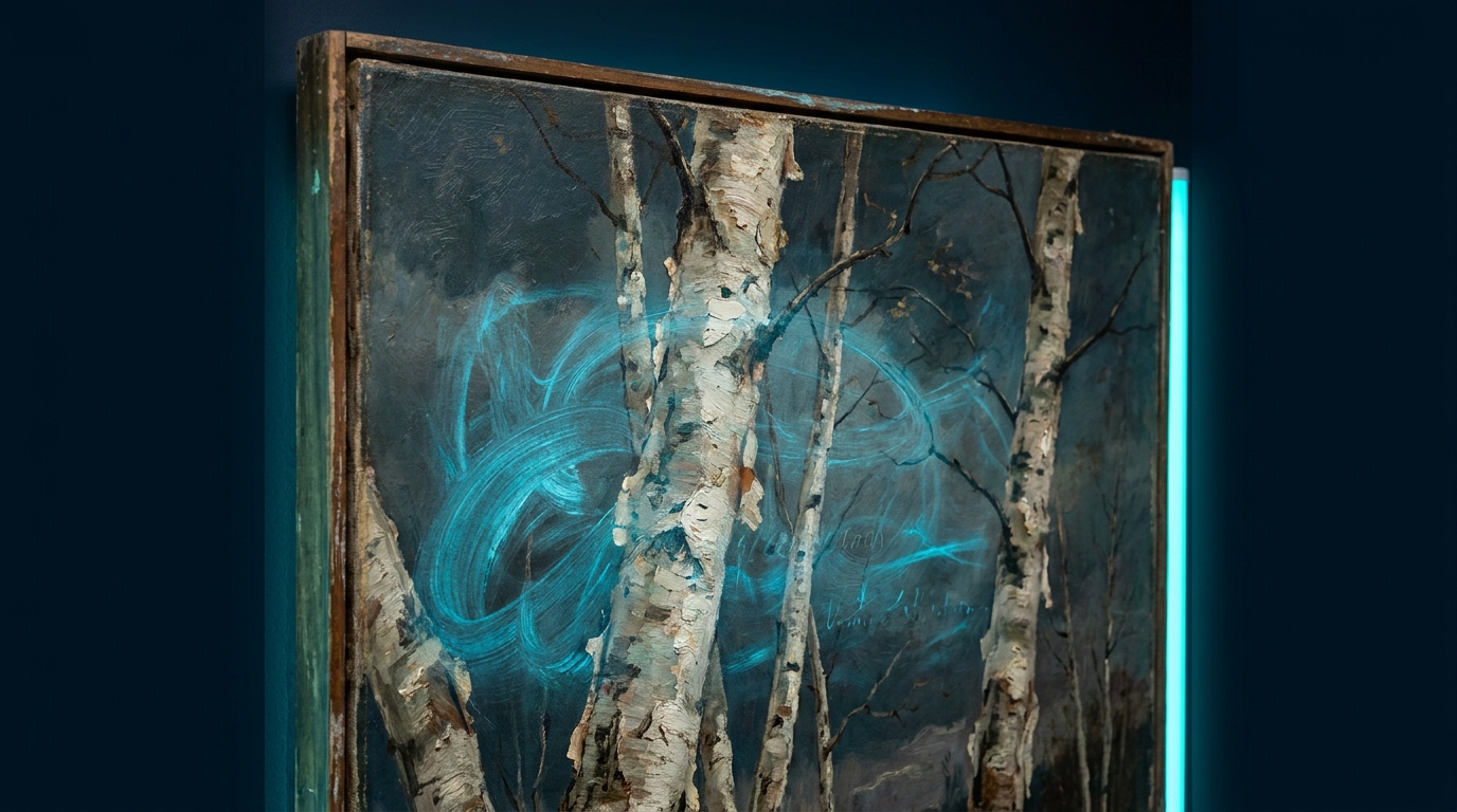 Microscopic view of paint layers showing the 910nm infrared luminescence of Egyptian blue pigment particles.