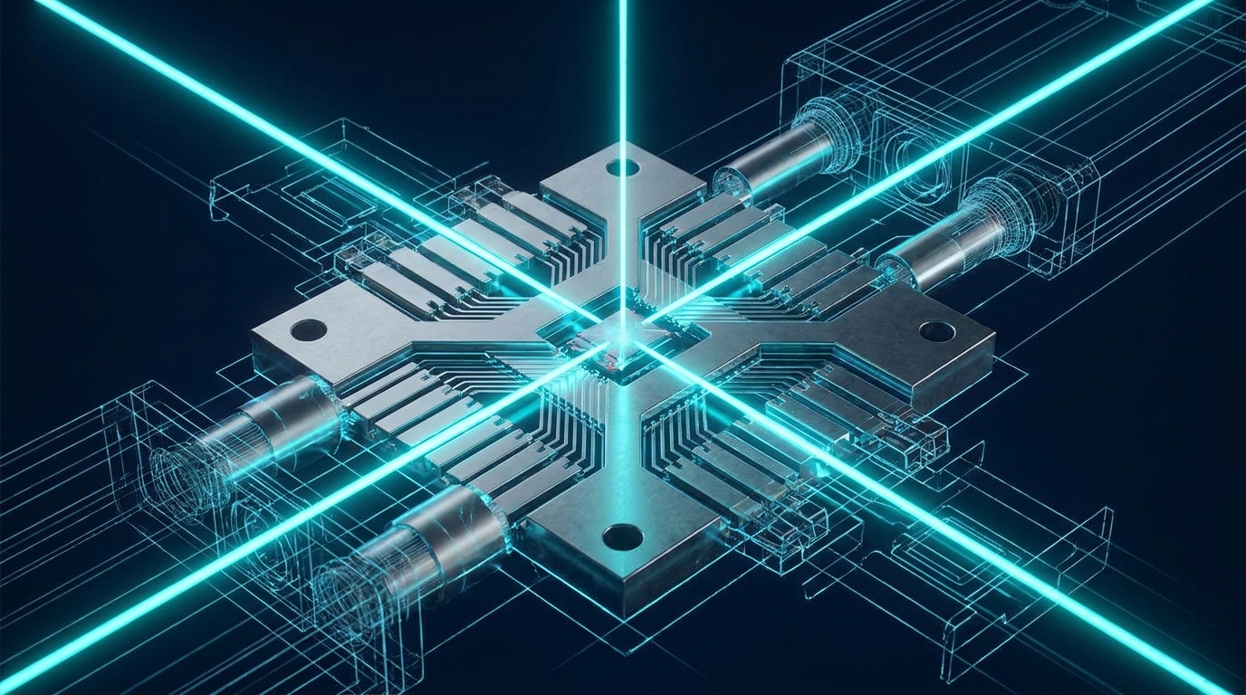IonQ Forte quantum processor trap detail showing laser-ion interaction for quantum gate operations.