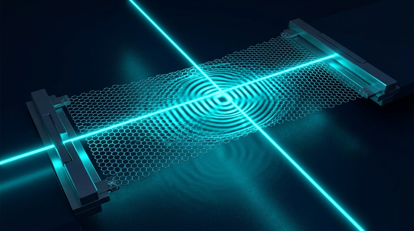 Technical illustration of strained graphene lattice with laser modulation for quantum error correction applications.