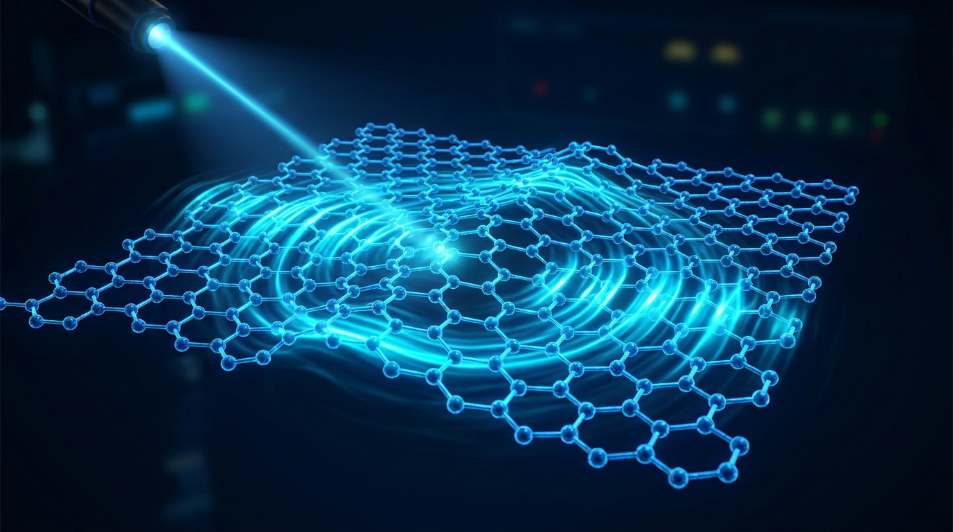 Technical illustration of strained graphene lattice with oscillating electron flow and laser modulation.