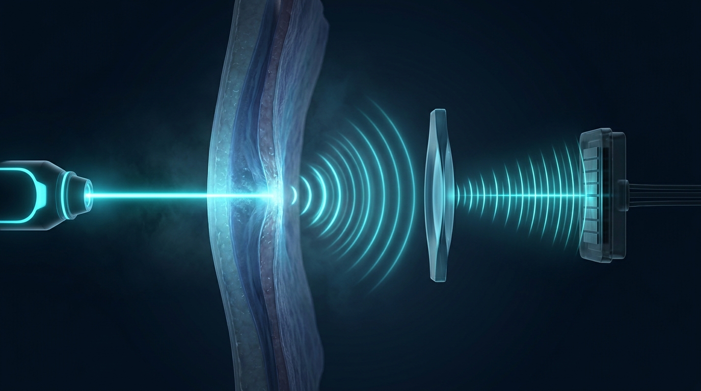 Diagram of EIBMV-DMAS beamforming process in photoacoustic imaging showing signal purification and noise reduction.
