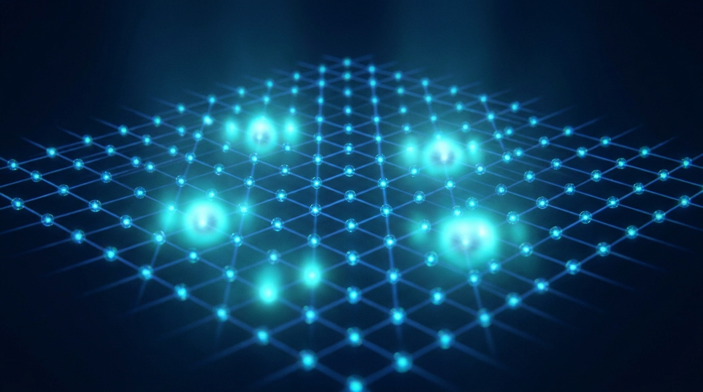 Technical visualization of ytterbium atoms in an optical lattice showing spin-orbit coupling effects for quantum simulation.
