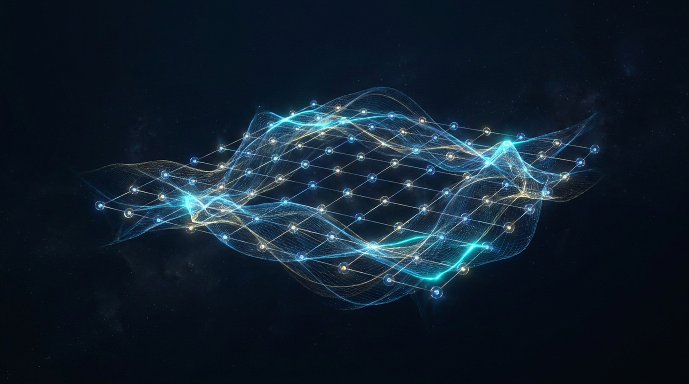 3D visualization of a two-dimensional atomic lattice interacting with electromagnetic waves to form a photonic band structure.