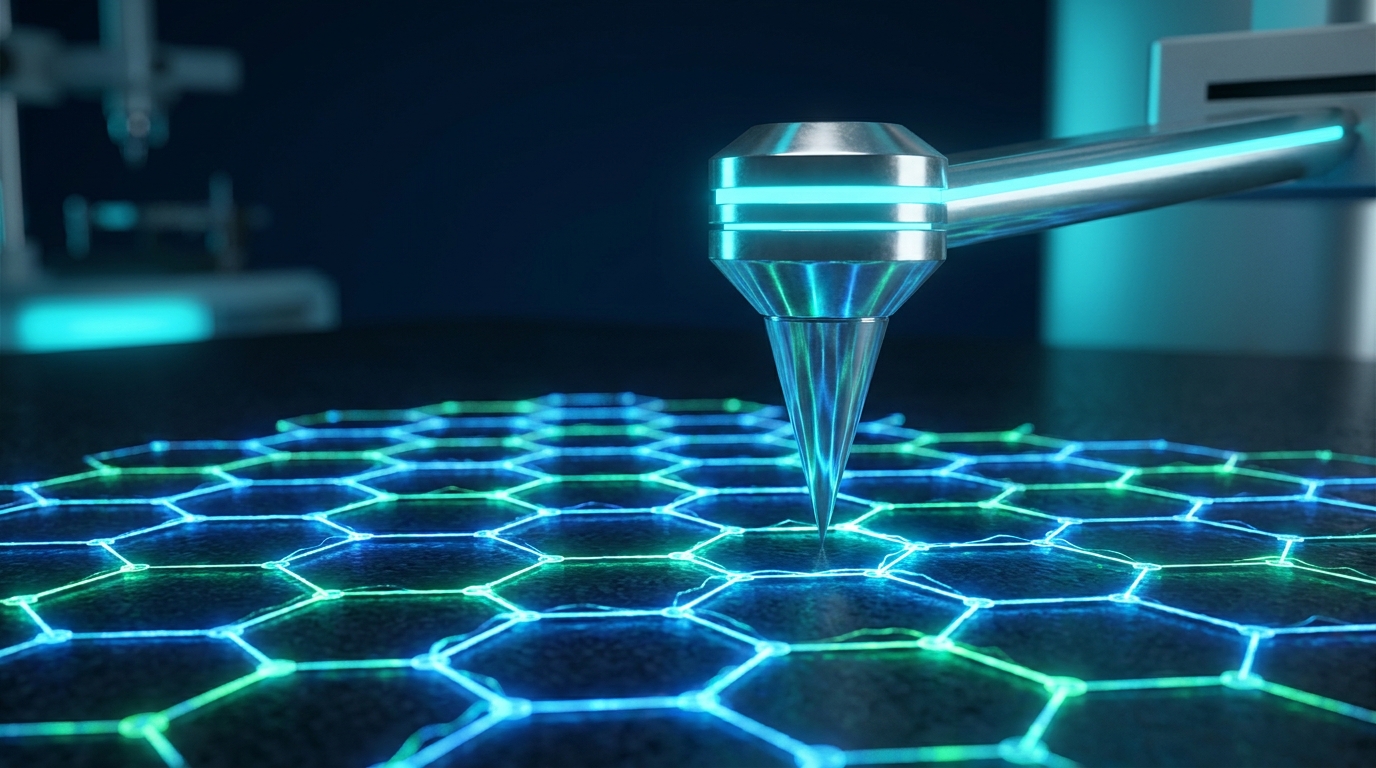 Technical illustration of an atomic probe moving over a wave-like energy landscape representing microscopic friction.