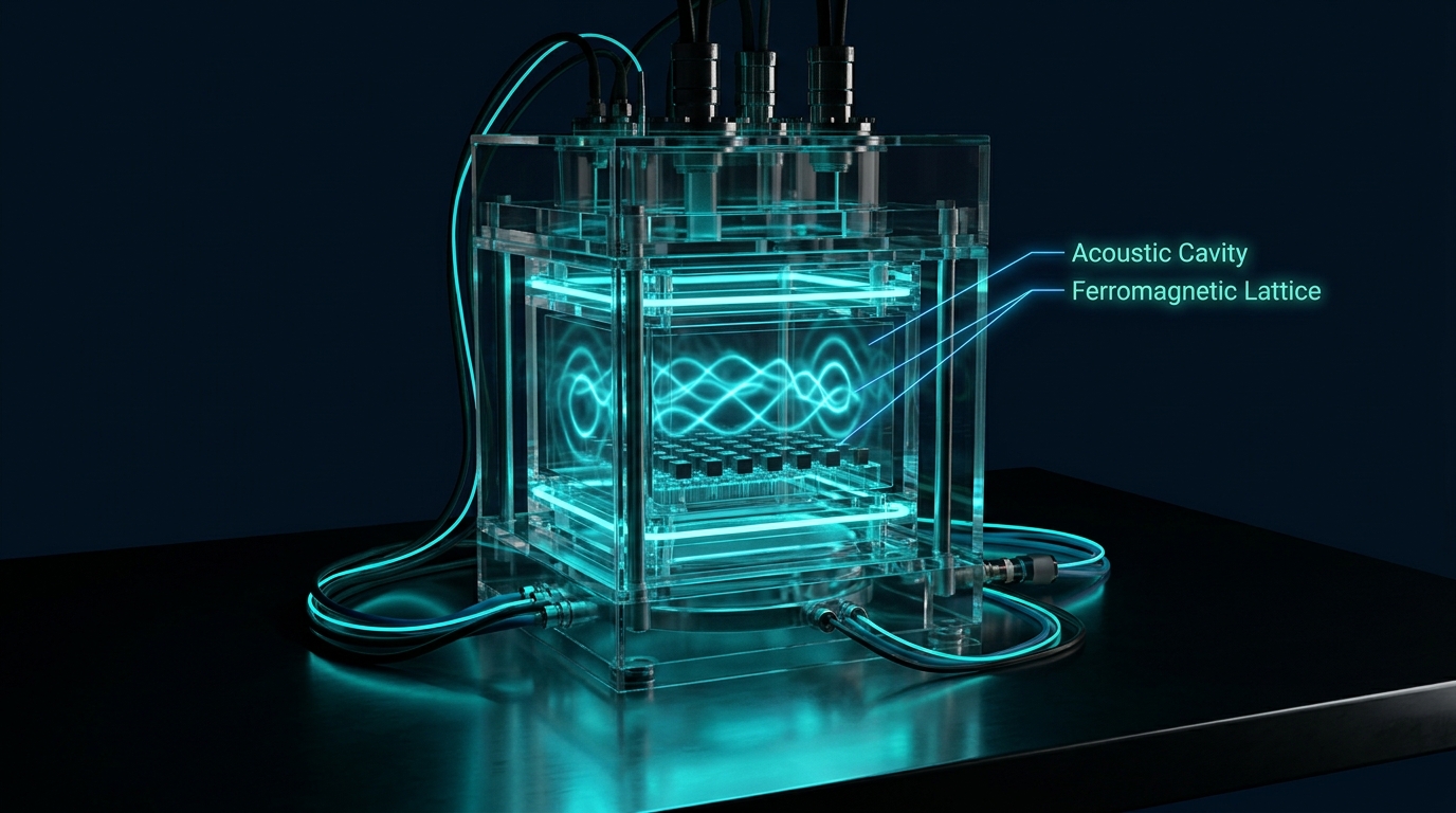 Diagram of a phonon laser cavity interacting with quantum spin states for error correction.