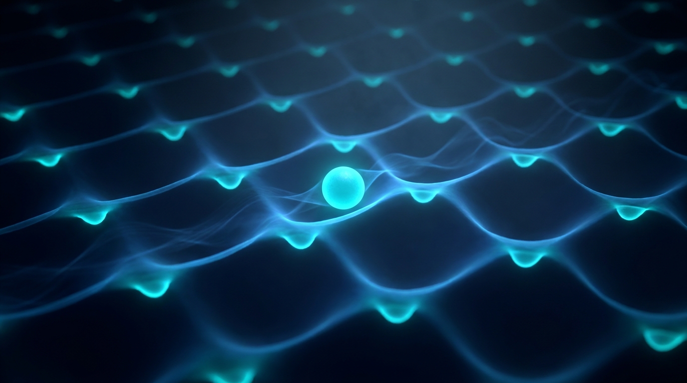 Technical 3D render of an atom interacting with a periodic surface lattice and evanescent light modes in a waveguide.