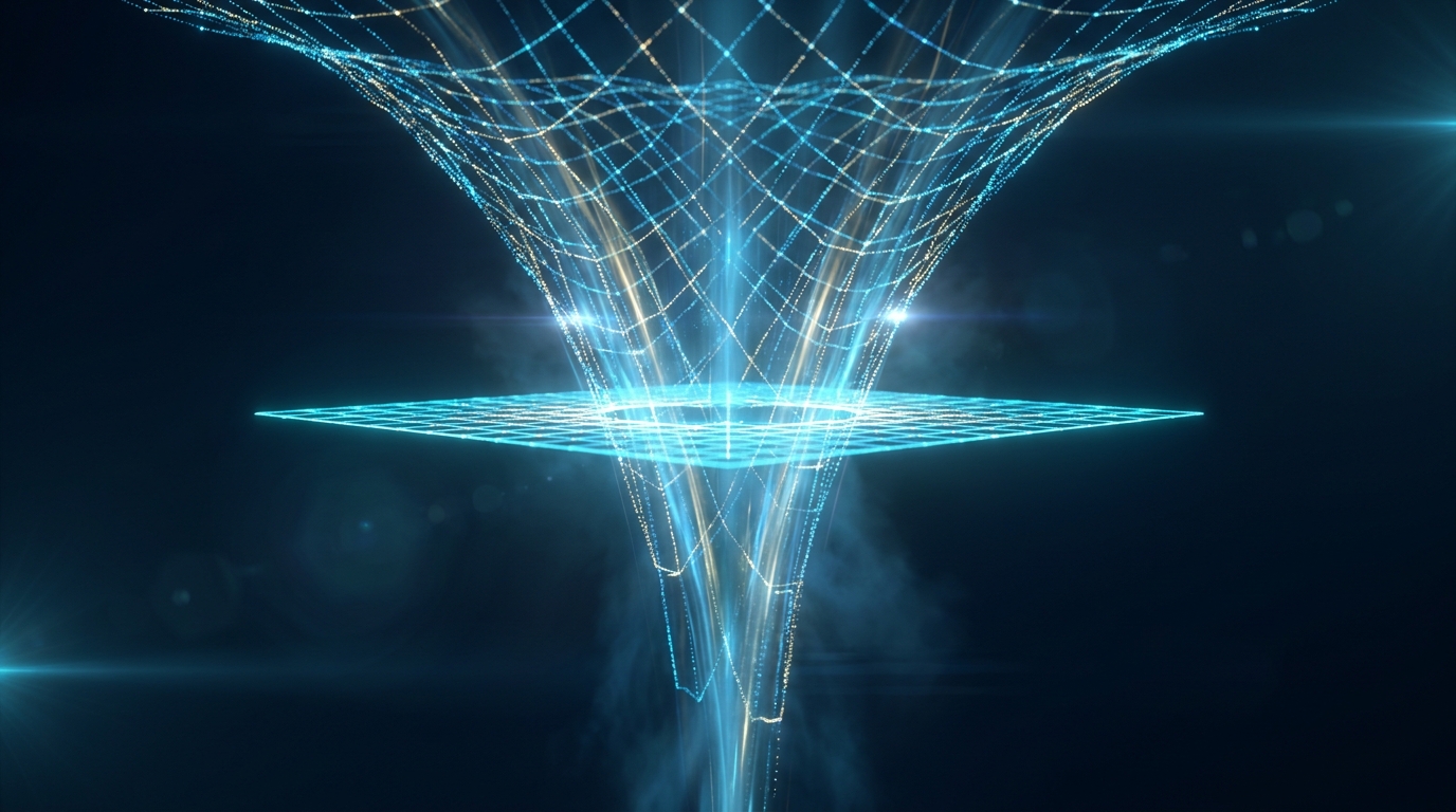 A conceptual visualization of dimension reduction showing a complex geometric structure being projected onto a simpler surface.