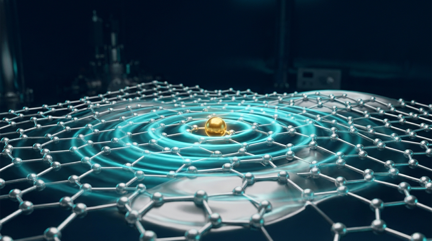 Atomic scale simulation showing a single atom interacting with a periodic lattice of harmonic oscillators.