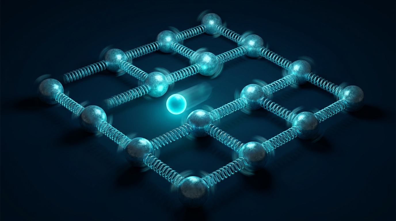 Diagram showing an atom sliding over a periodic surface of harmonic oscillators to demonstrate emerging friction.
