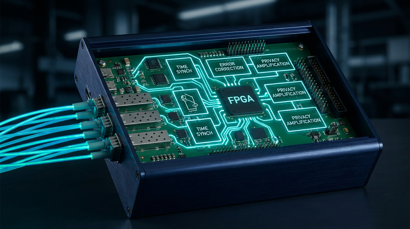FPGA-based decoder board for CV-QKD information reconciliation, illustrating the hardware-constrained systems discussed in arXiv:2606.23726.