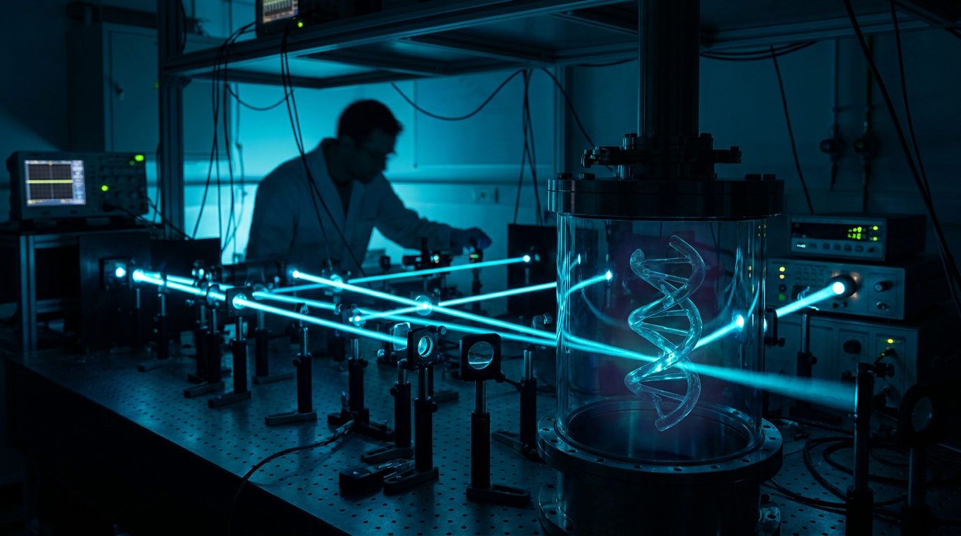 Two-mode squeezed vacuum laser beams probing a chiral molecule for quantum-enhanced Raman optical activity measurement.