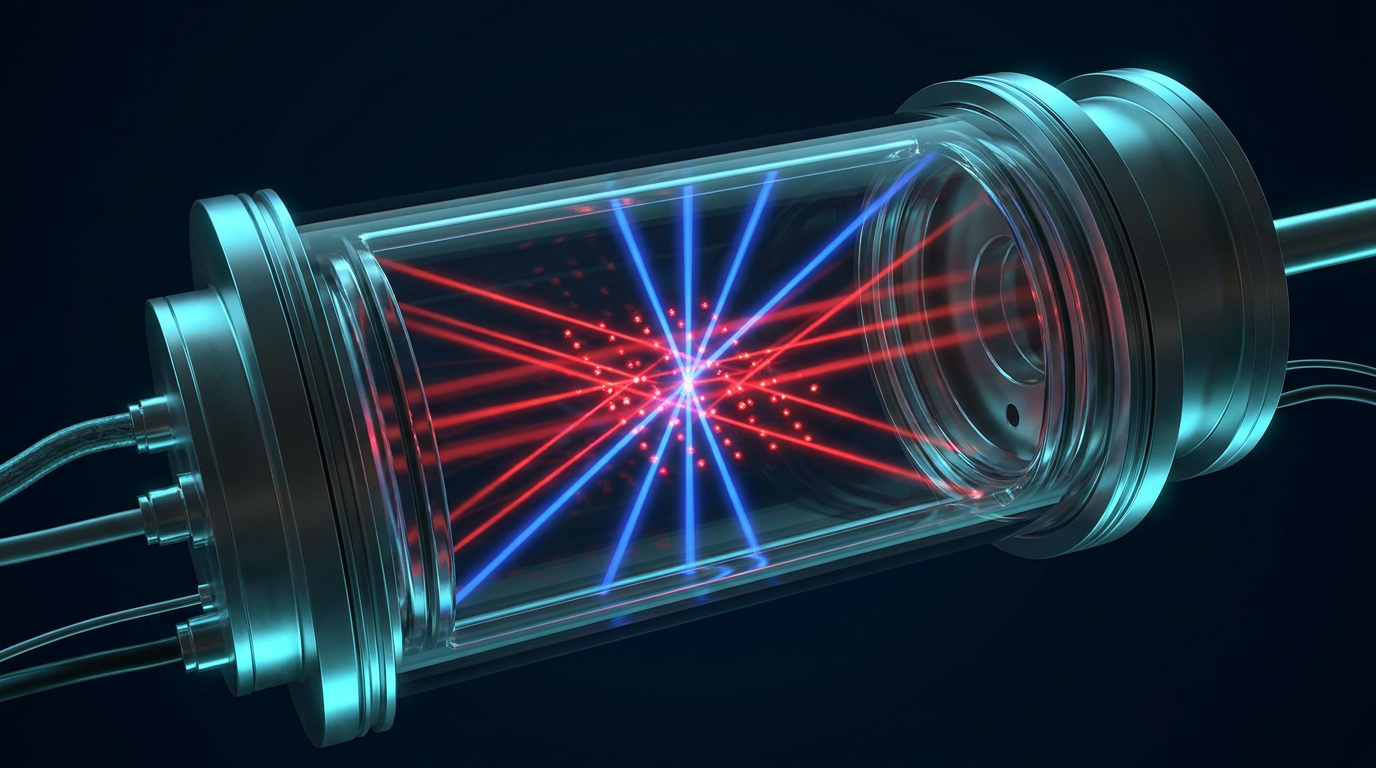 Ytterbium-171 neutral atoms held in red optical tweezer array with blue Rydberg excitation lasers, inside a vacuum chamber used for quantum computing.