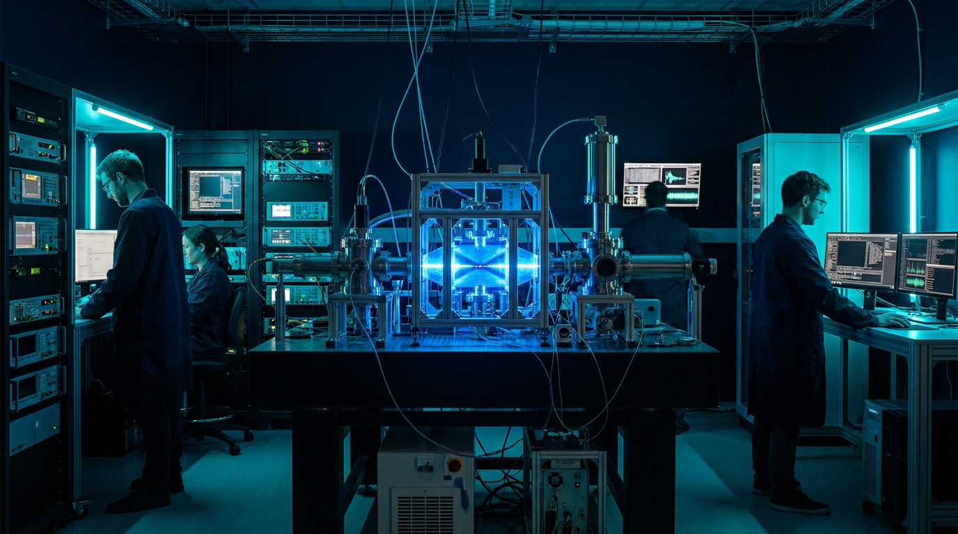 Editorial illustration of a neutral-atom quantum computing control room with optical tweezer arrays and Rydberg excitation lasers.