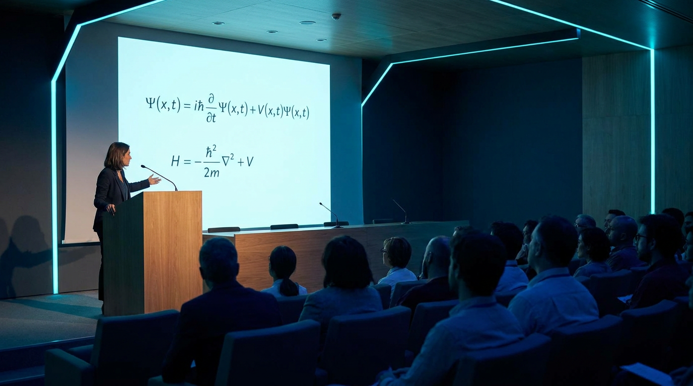 Quantum information conference session in Barcelona, July 2026, with presenter and physics equations on screen