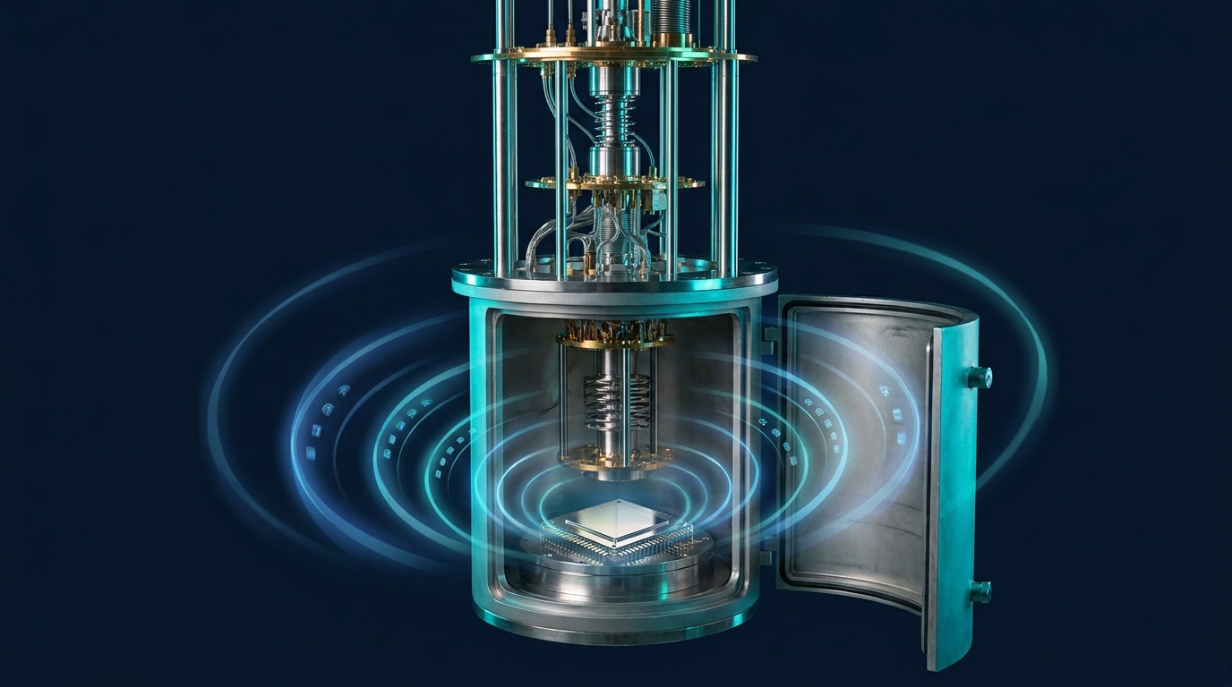 Quantum error correction hardware coexisting with 6 GHz Wi-Fi signals in a 2026 cryostat laboratory.