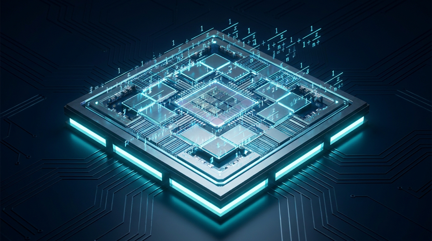 Quantum processor chip with continued fraction mathematical notation overlay representing Shor's algorithm post-processing step.