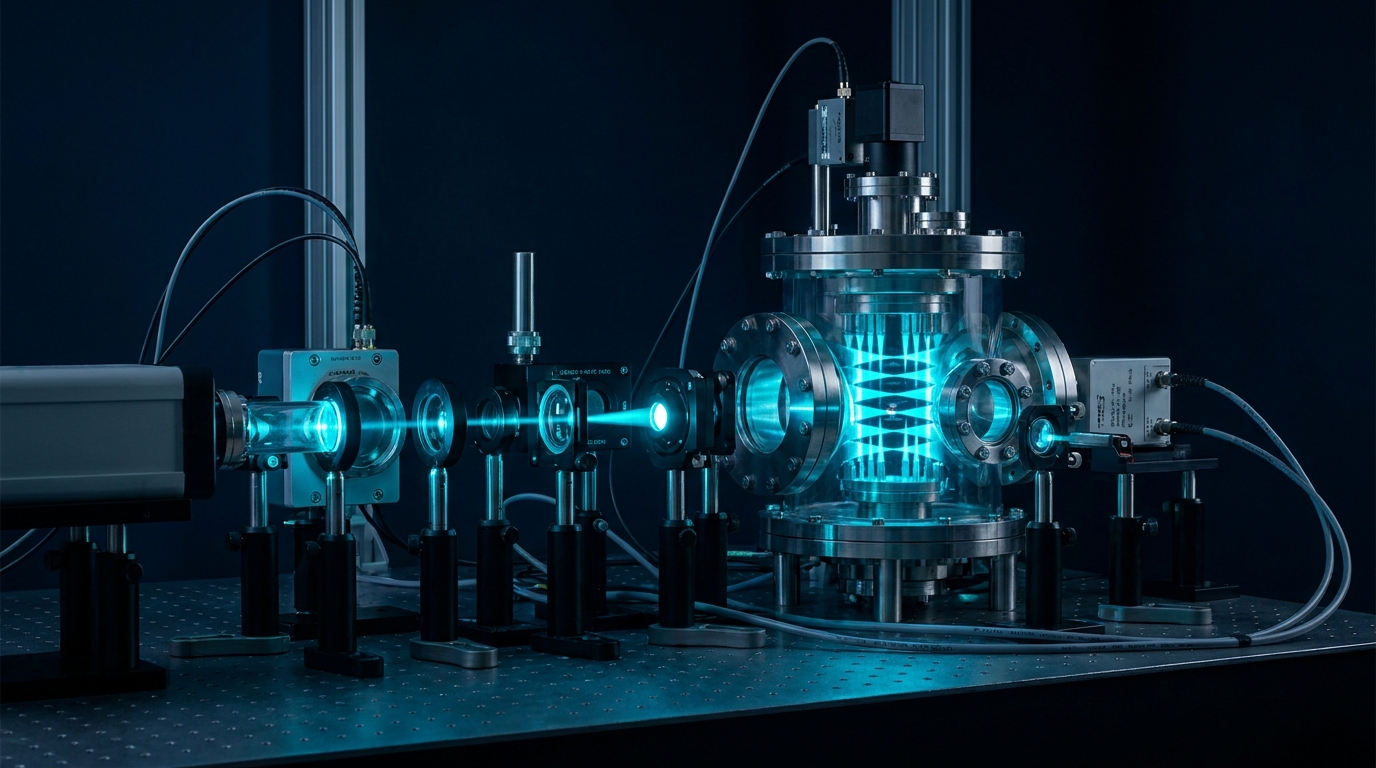 Editorial illustration of a neutral-atom quantum processor showing an array of optical tweezers trapping individual atoms.
