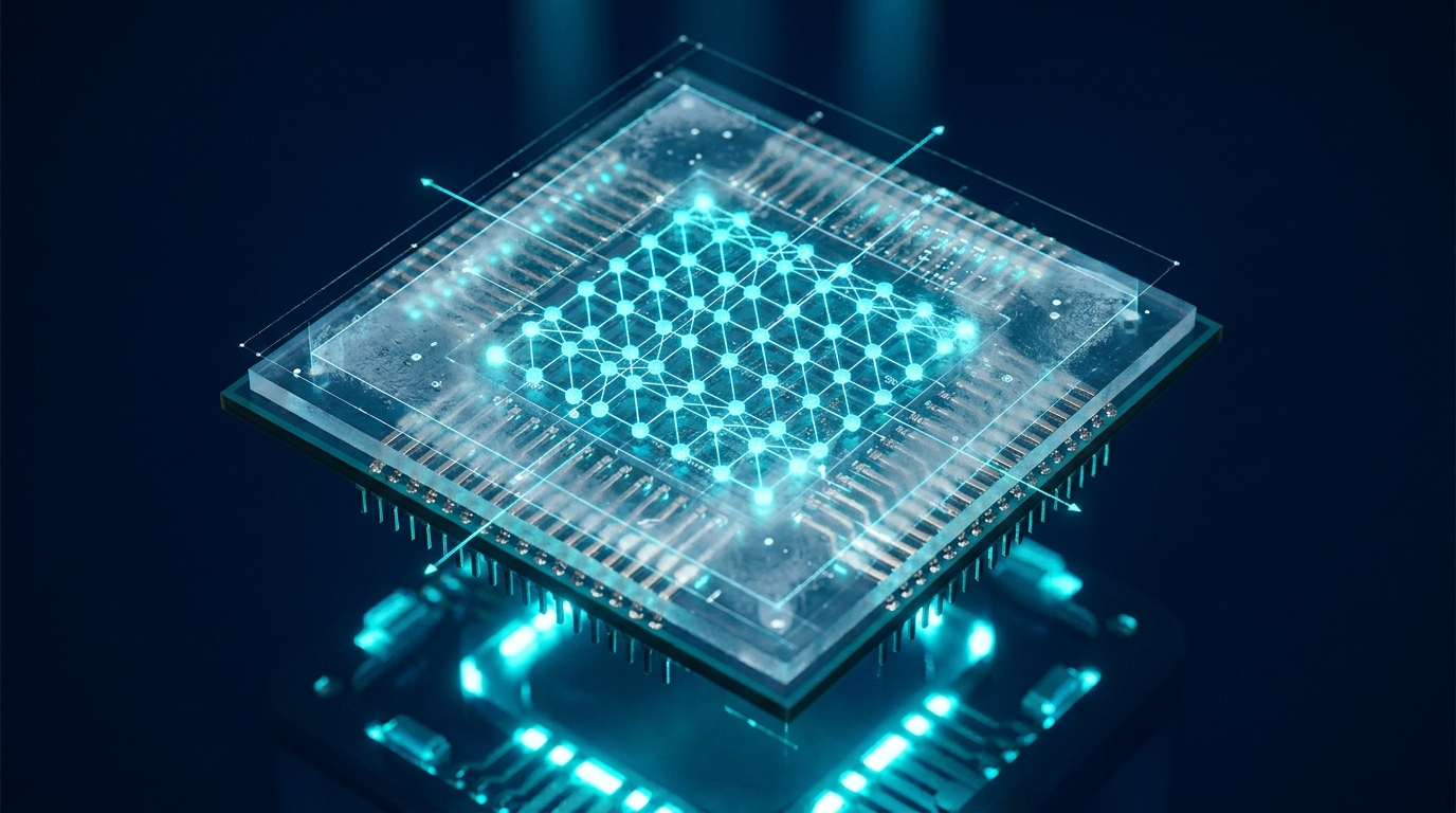 Quantum processor chip with qubit lattice showing frozen coordinates, representing algorithmic stability in quantum error correction.