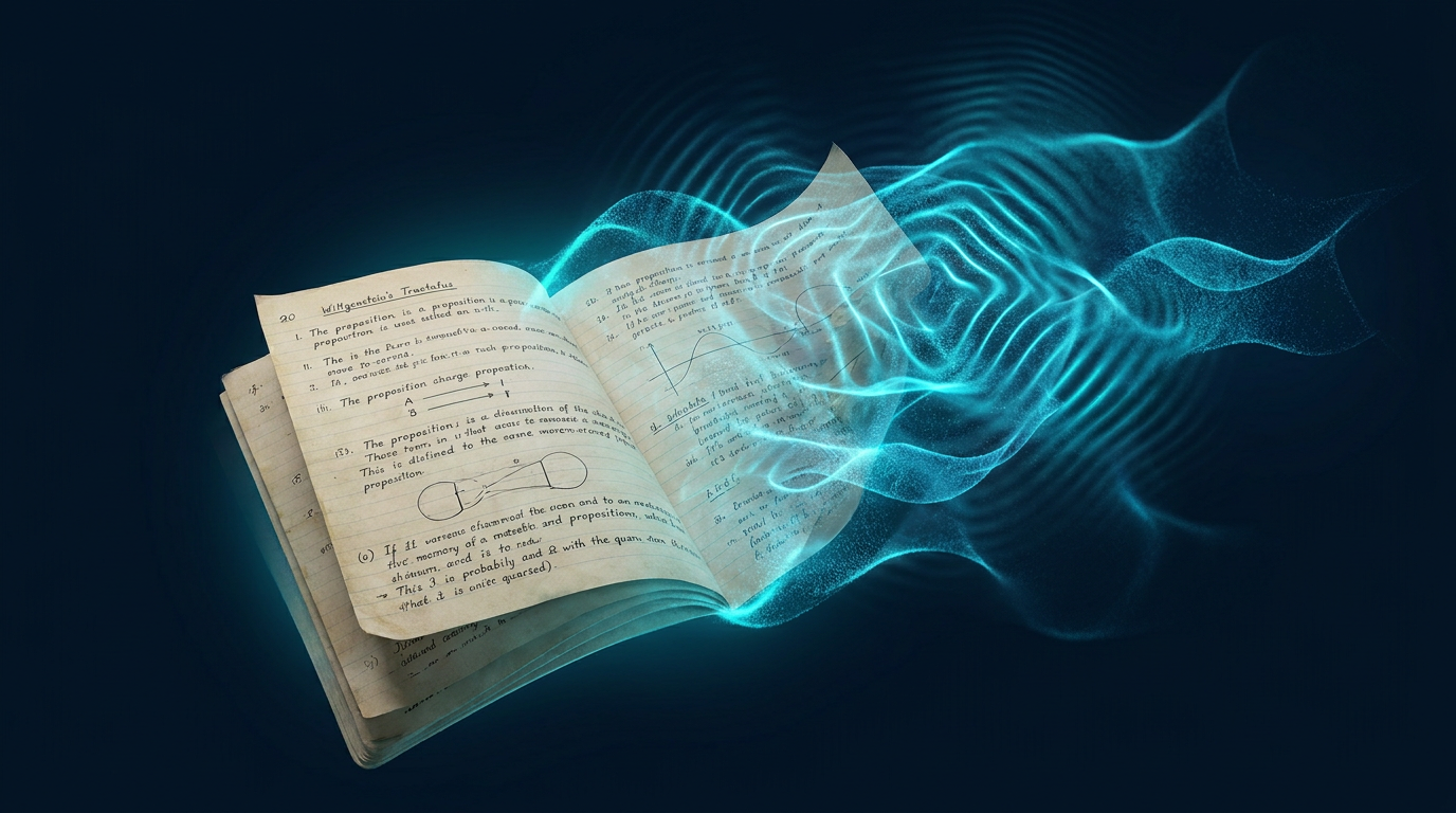 Illustration of Wittgenstein's Tractatus pages merging with quantum mechanical wave functions, representing the paper's philosophical re-editing.