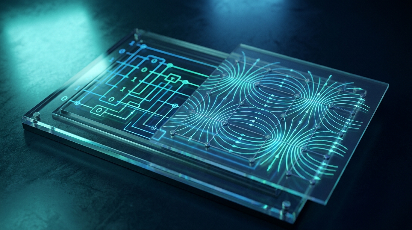 Side-by-side illustration of a misty-state quantum circuit with integer counters and a transverse-field Ising lattice with time-varying field arrows.