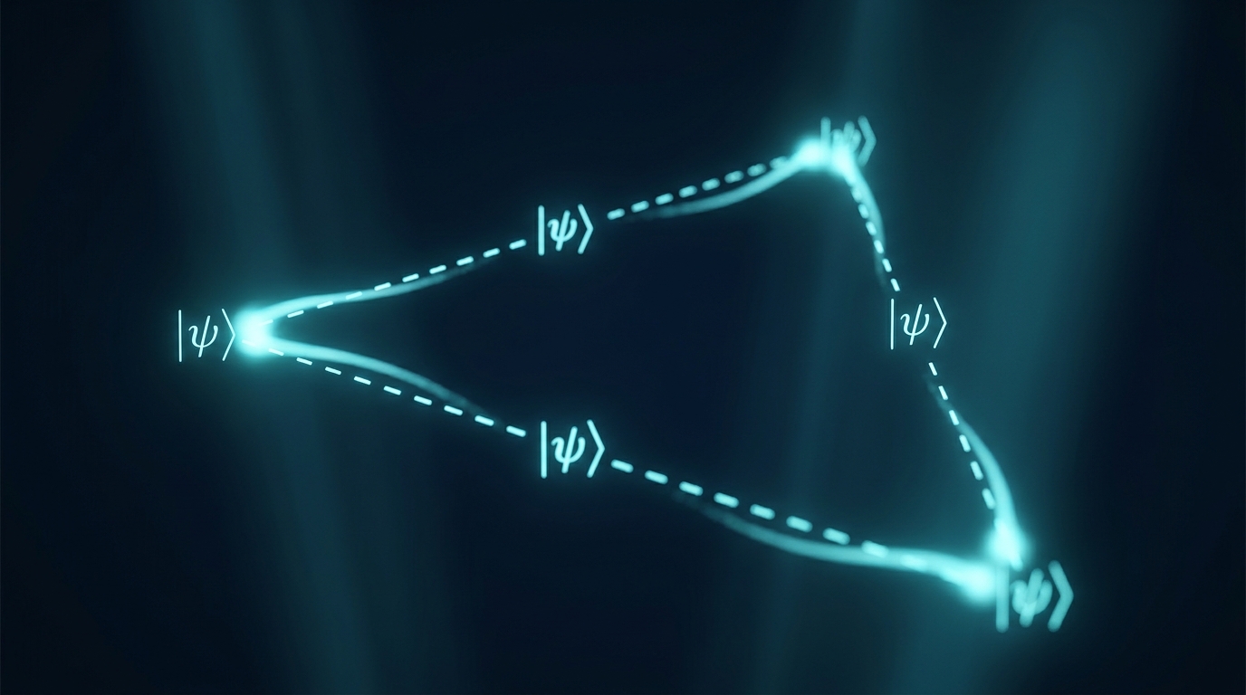 Three quantum state vectors connected by dashed lines forming a broken triangle, illustrating triangle inequality failure in quantum state metrics.