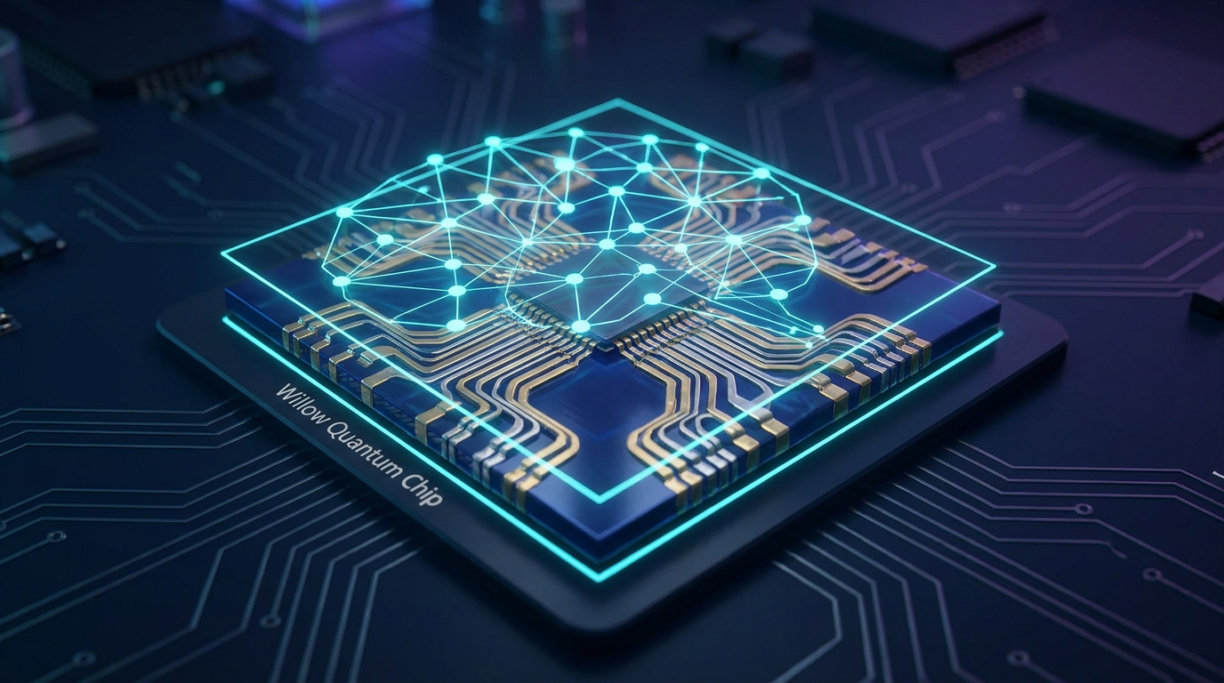 Google Willow superconducting quantum chip with reinforcement learning control layer illustration