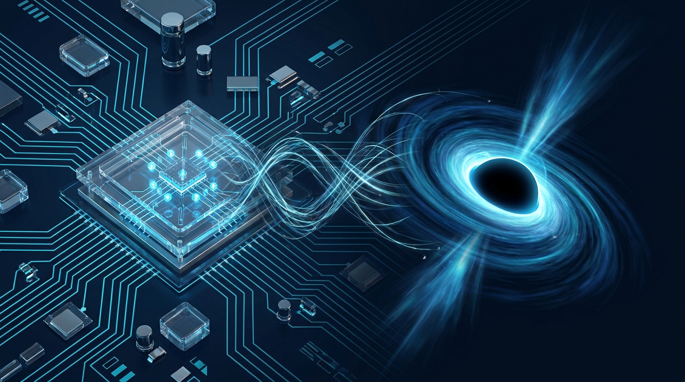 Quantum algorithm visualization: a quantum circuit dissolving into a charged black hole.