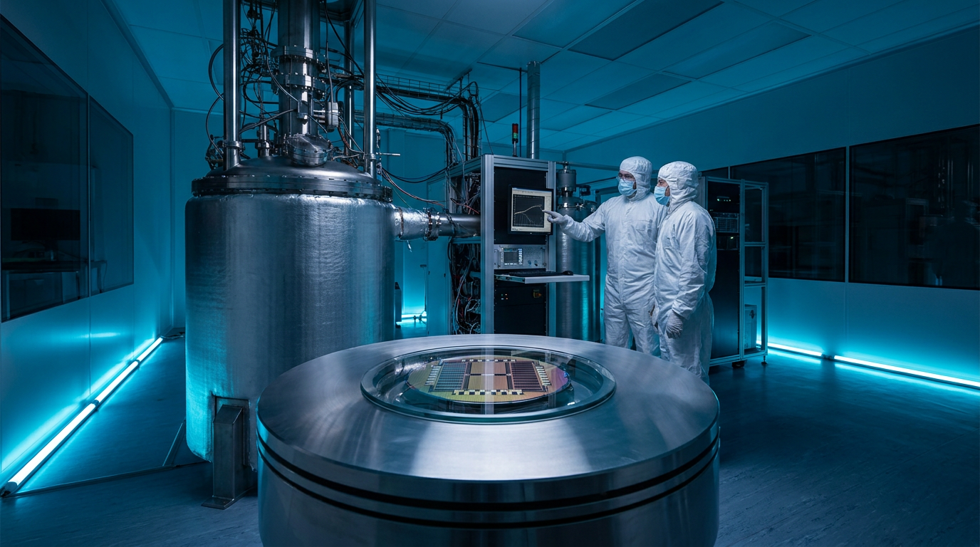 Quantum chip fabrication inside a U.S. clean-room facility, illustrating the domestic superconducting qubit manufacturing pipeline.