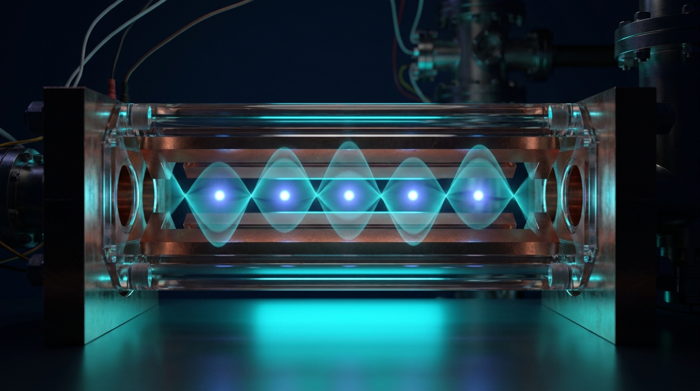 Linear chain of trapped 171Yb+ ions in vacuum chamber with visualized motional qumodes implementing a cosine gate.